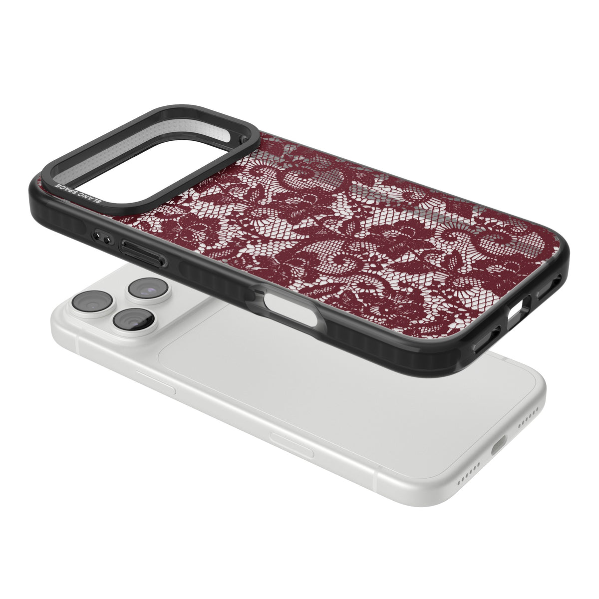 Burgundy Lace iPhone 18 Pro Max Impact Black Phone Case angled