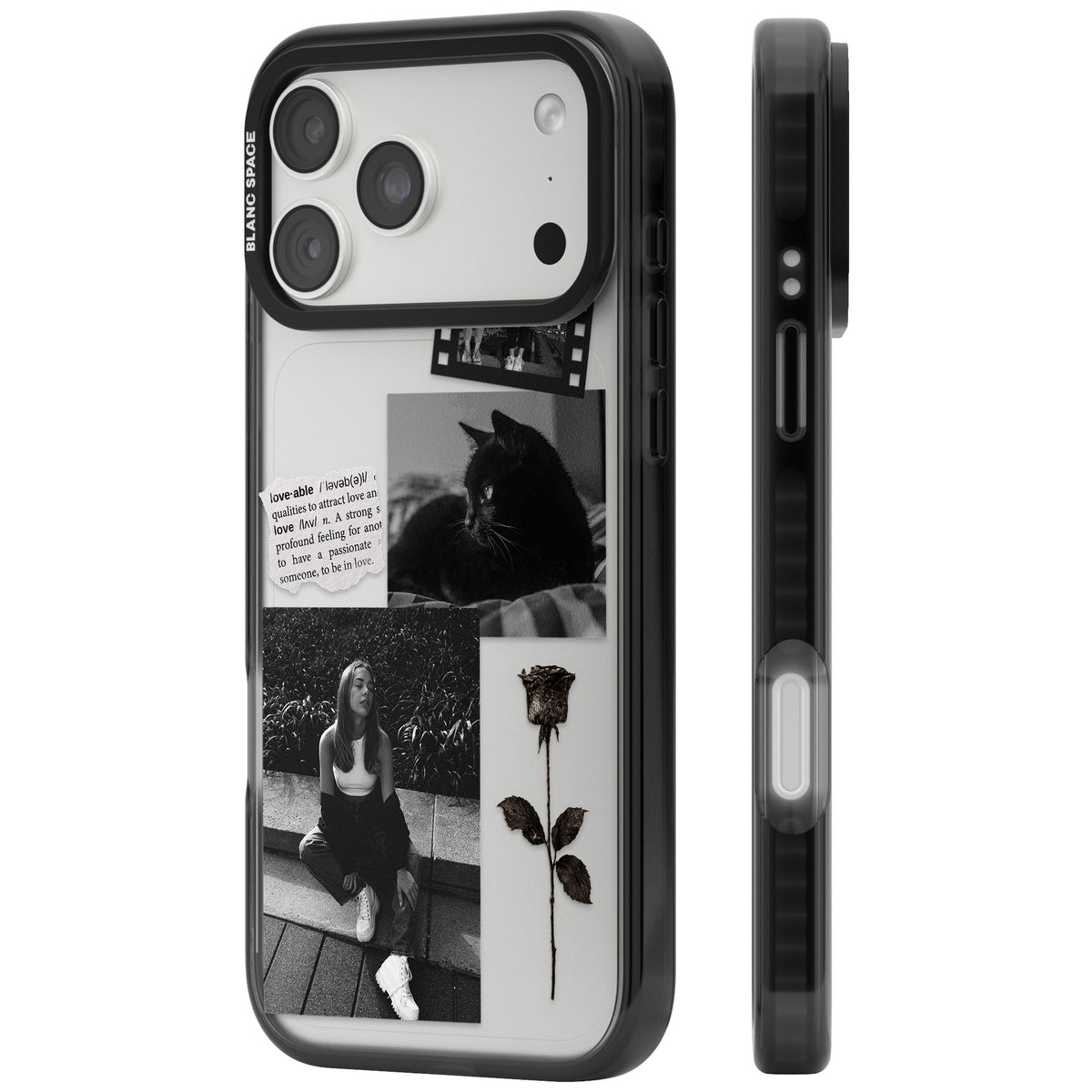 Personalised Black & White Scrapbook Photos iPhone 18 Pro Max Impact Black Phone Case side
