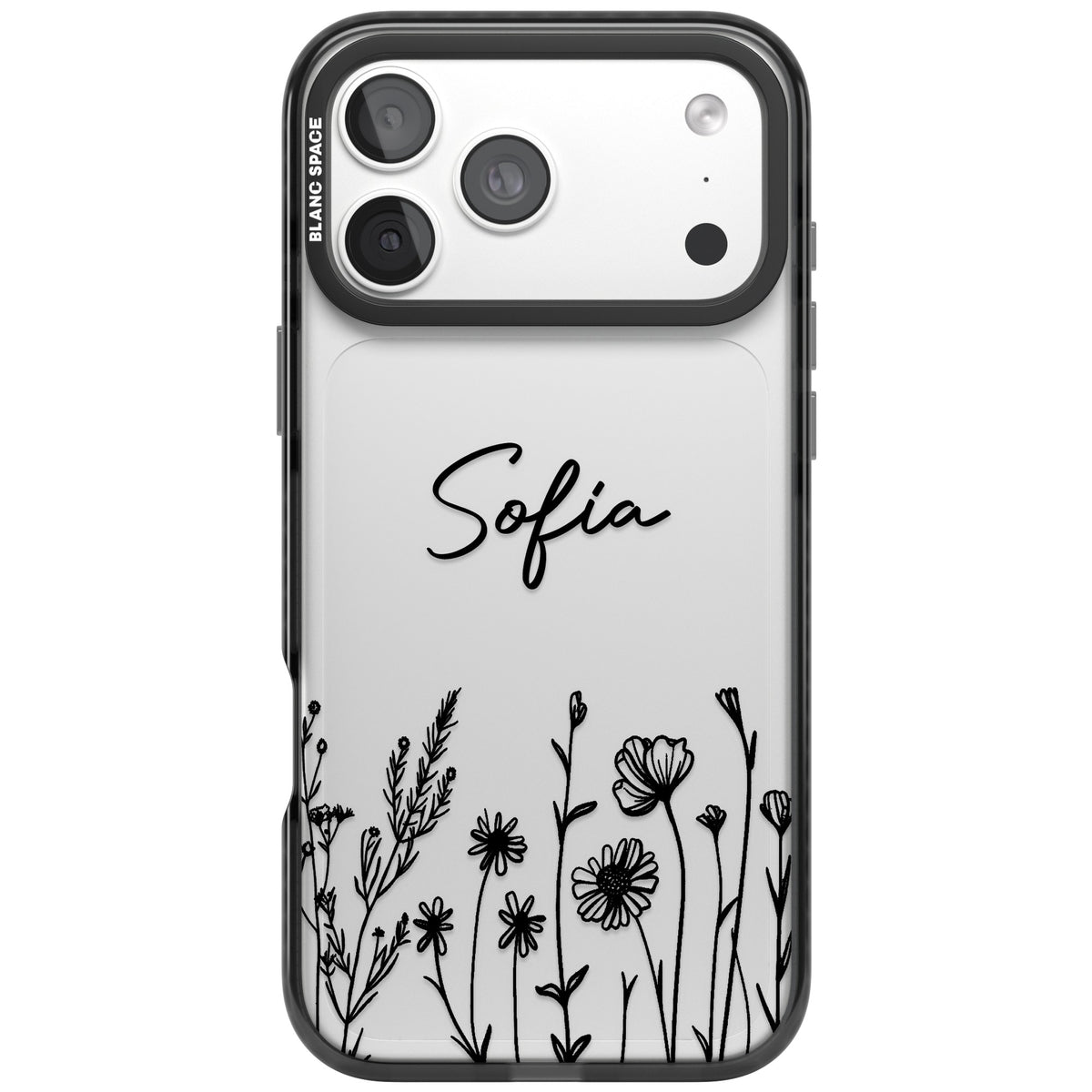Personalised Black Wildflowers iPhone 18 Pro Max Impact Black Phone Case front
