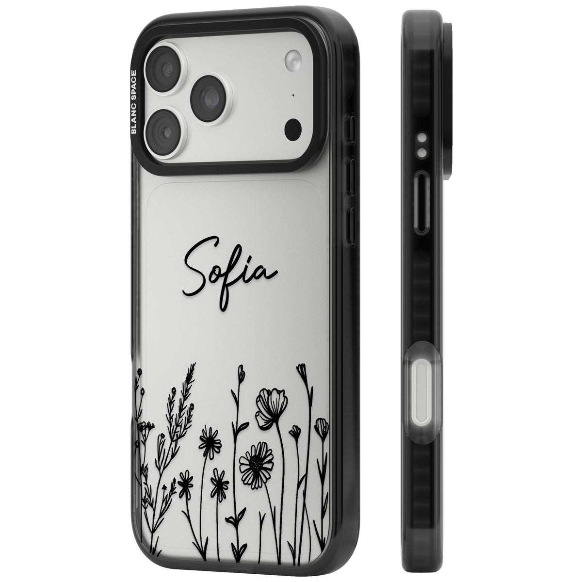 Personalised Black Wildflowers iPhone 18 Pro Max Impact Black Phone Case side