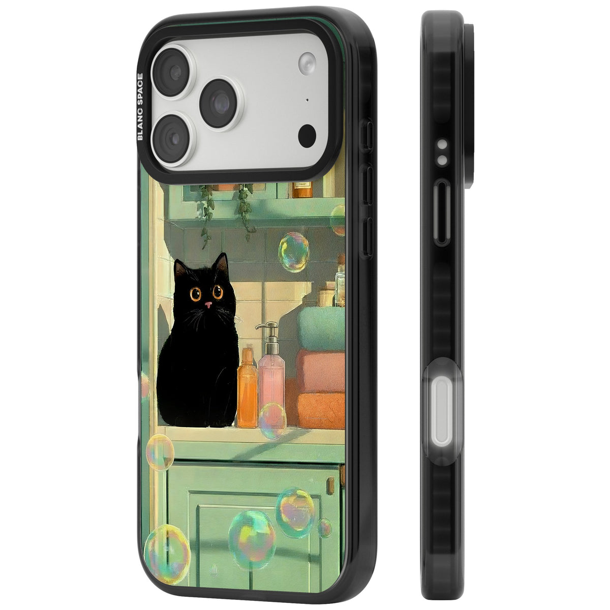 Bathroom Bubble Kitty iPhone 18 Pro Max Impact Black Phone Case side