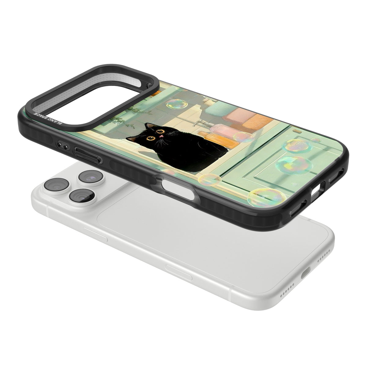 Bathroom Bubble Kitty iPhone 18 Pro Max Impact Black Phone Case angled