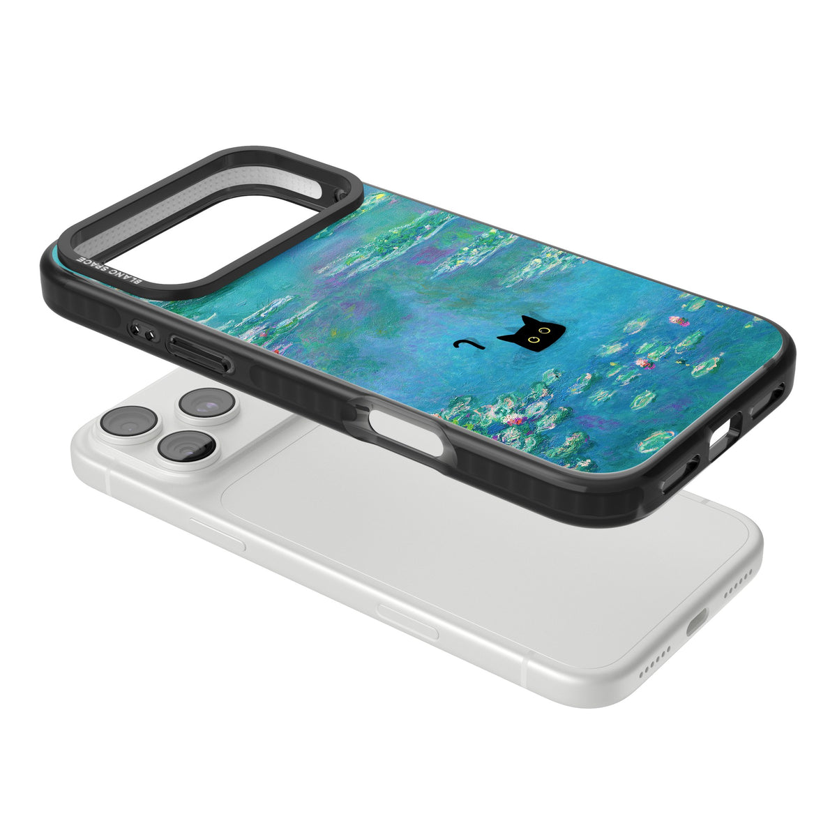 Cat in Monet's Water Lillies iPhone 18 Pro Max Impact Black Phone Case angled