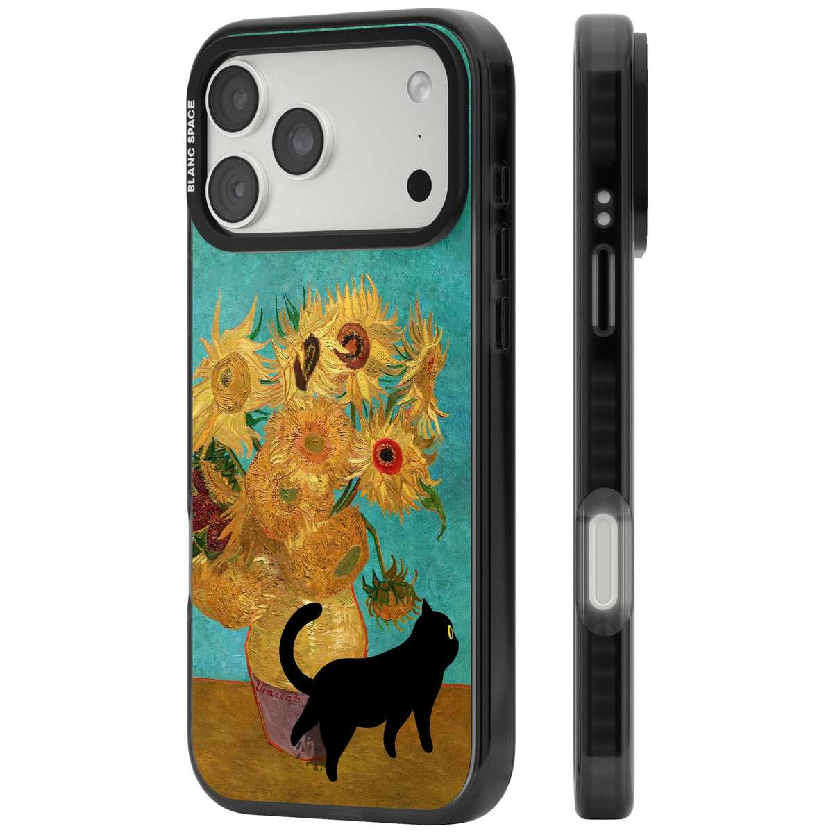 Cat with Van Gogh's Sunflowers iPhone 18 Pro Max Impact Black Phone Case side