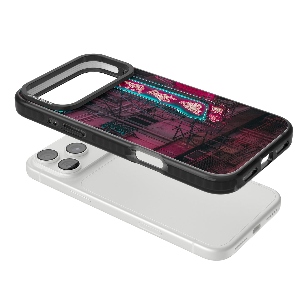Neon Kanji Cityscape iPhone 18 Pro Max Impact Black Phone Case angled
