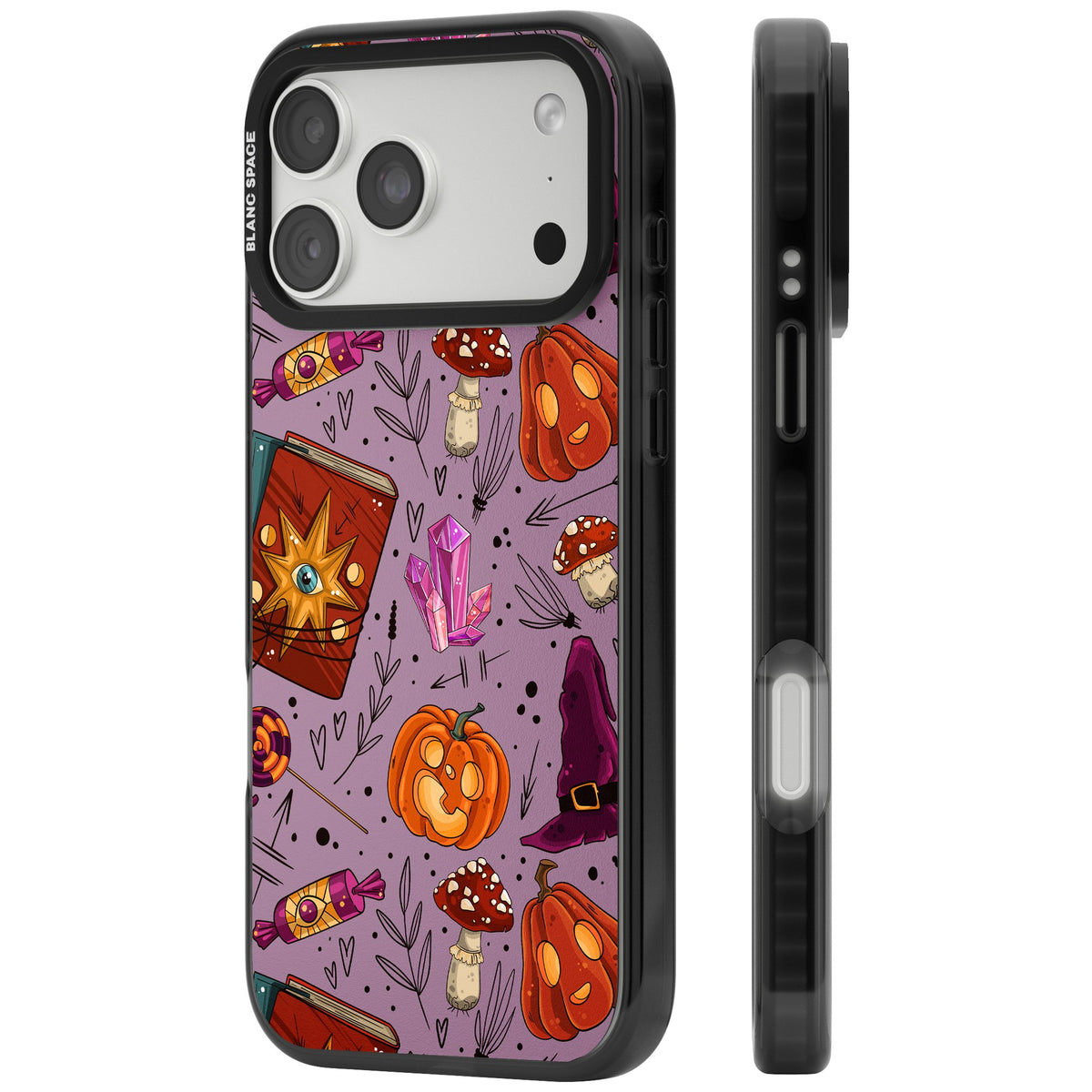 Witchy Cartoon Halloween Pattern iPhone 18 Pro Max Impact Black Phone Case side