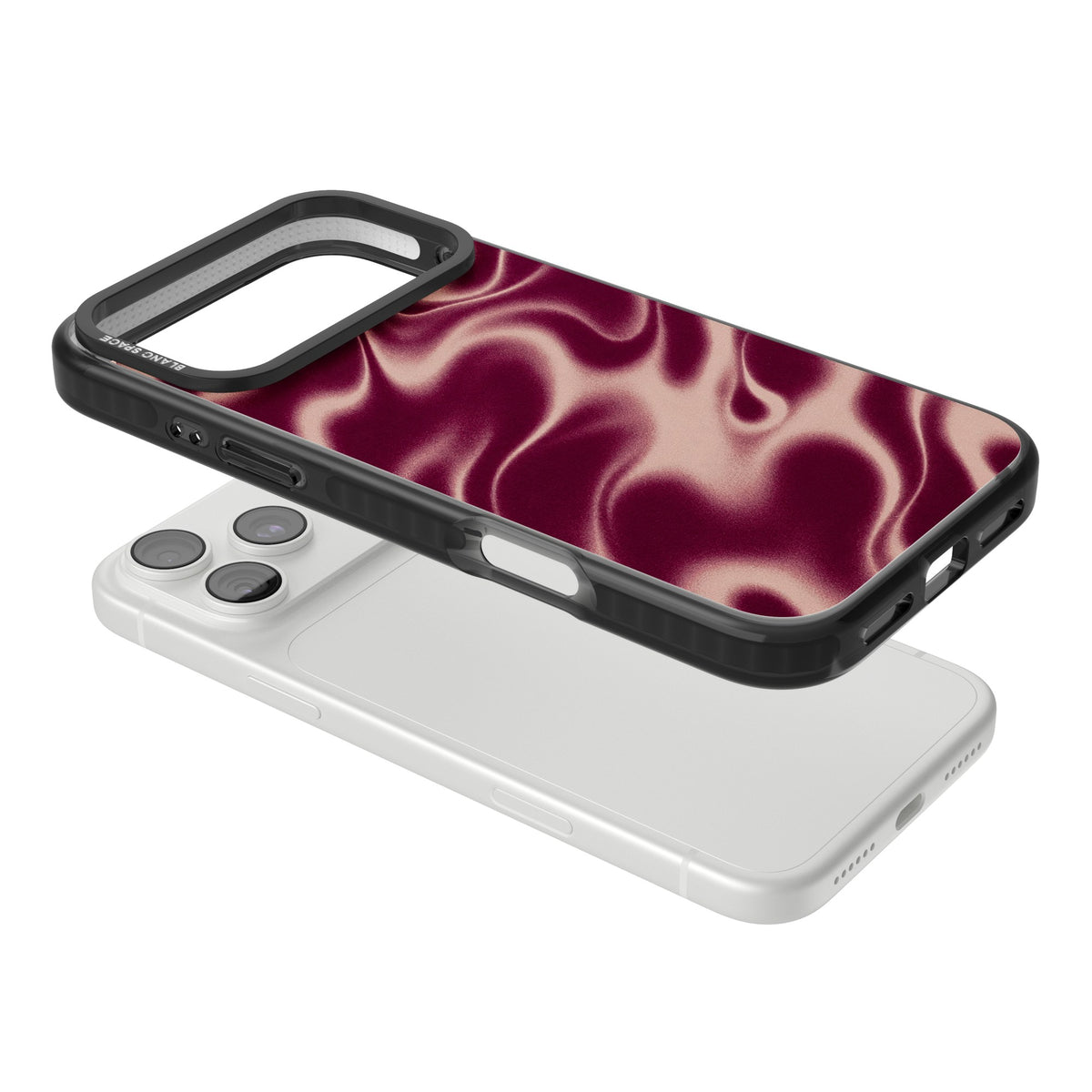 Merlot Sand abstract iPhone case featuring burgundy liquid satin waves, rose-gold highlights and silky folds iPhone 18 Pro Max Impact Black Phone Case angled