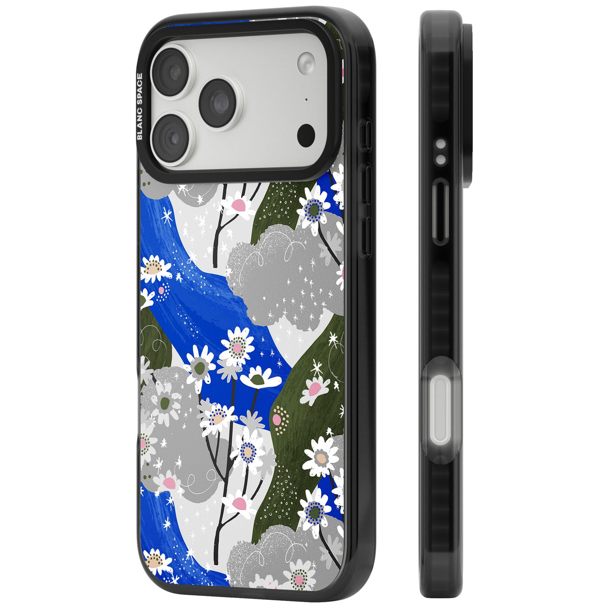 Blue & Grey Daisies Pattern iPhone 18 Pro Max Impact Pro Black Phone Case side