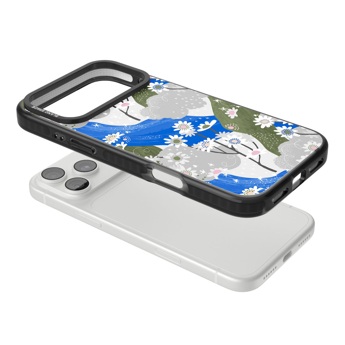 Blue & Grey Daisies Pattern iPhone 18 Pro Max Impact Pro Black Phone Case angled