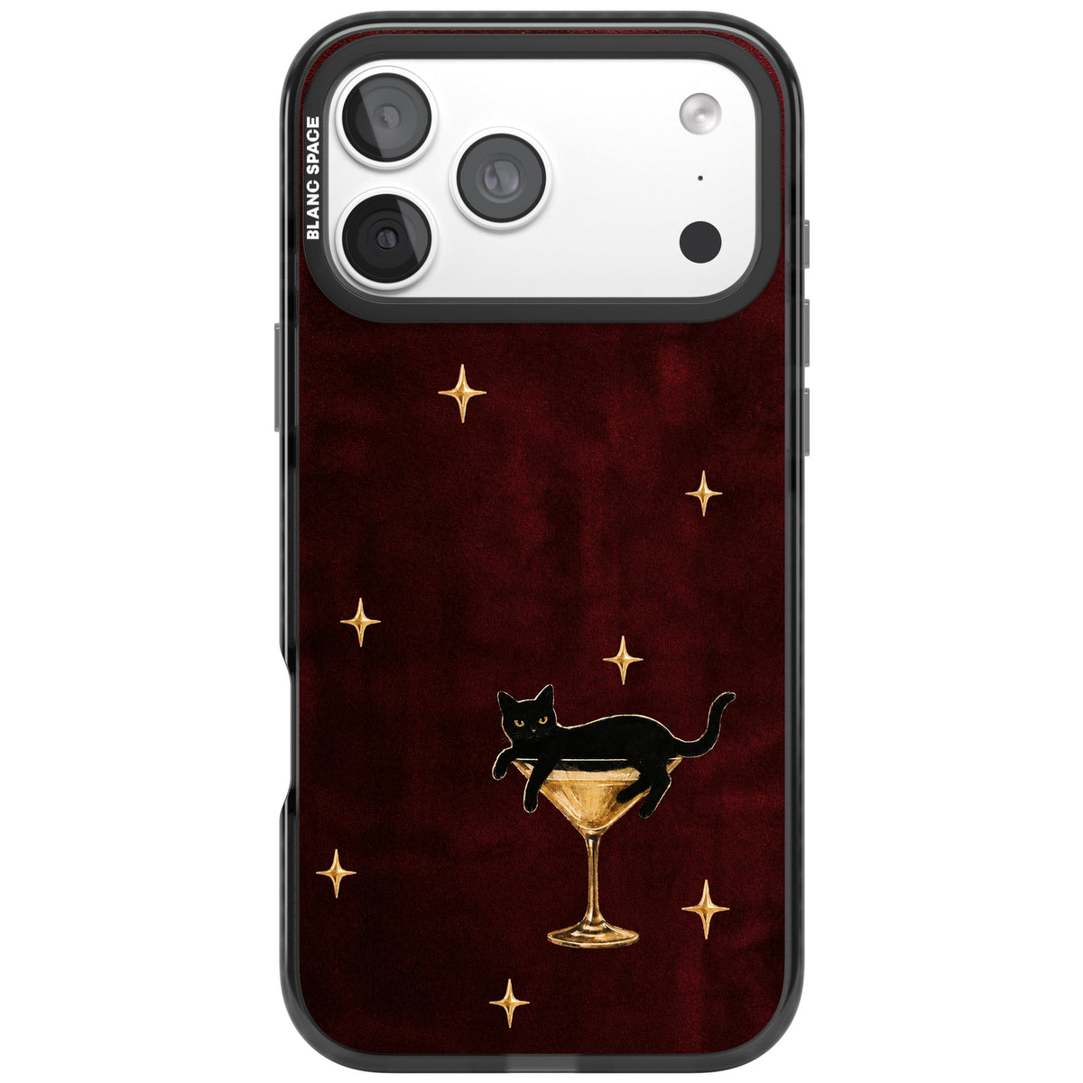 Speakeasy burgundy iPhone case featuring a black cat on a gold martini glass and twinkling gold stars iPhone 18 Pro Max Impact Pro Black Phone Case front