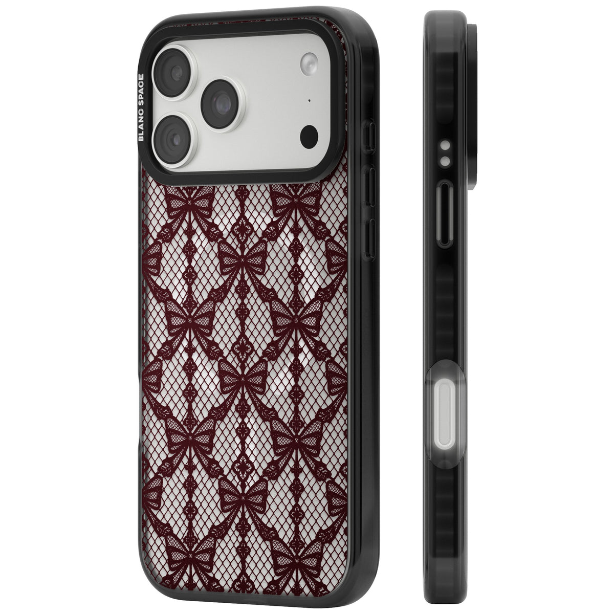 Burgundy Bow Lace coquette iPhone case featuring burgundy ribbon bows, fishnet mesh and vintage lace lattice iPhone 18 Pro Max Impact Pro Black Phone Case side