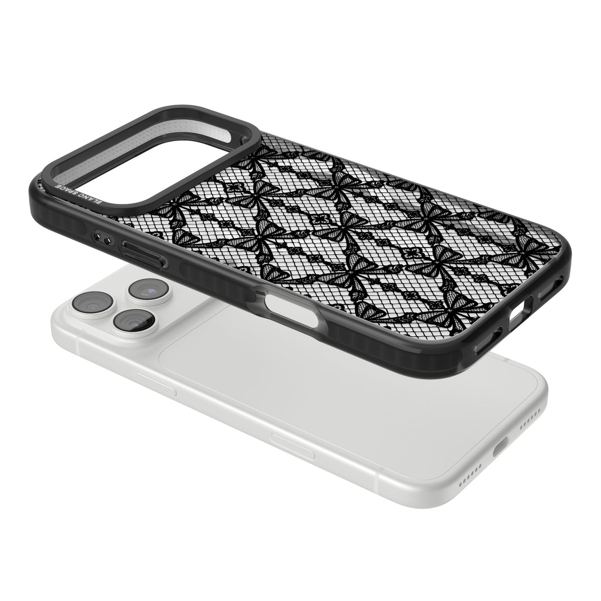 Black Bow Lace coquette iPhone case featuring black lace bows, fishnet mesh and beaded trellis on a clear background iPhone 18 Pro Max Impact Pro Black Phone Case angled