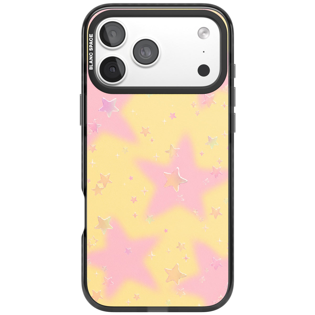 Sherbet Stars Y2K iPhone case featuring holographic stars, soft sparkles and a pastel pink and yellow aura iPhone 18 Pro Max Impact Pro Black Phone Case front