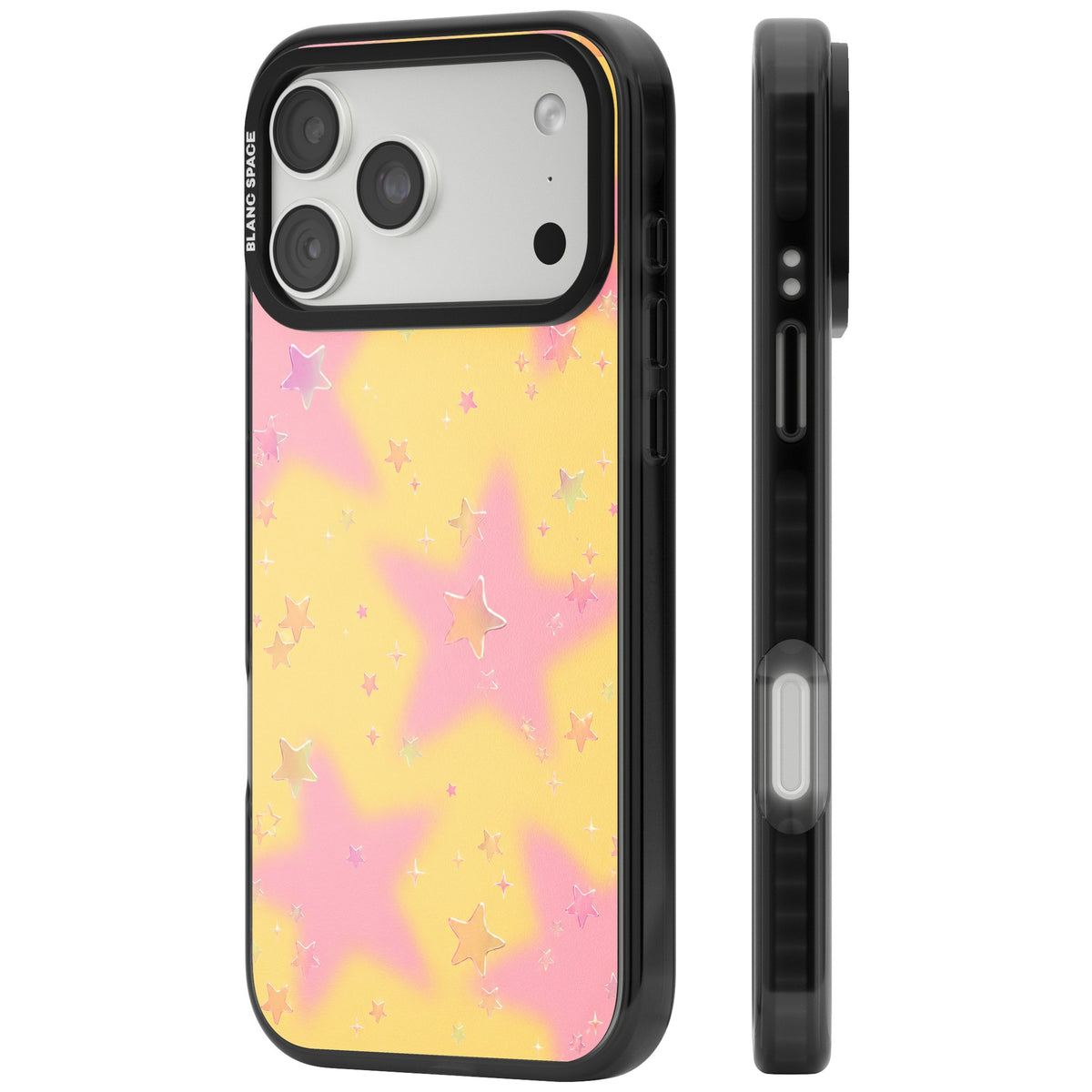 Sherbet Stars Y2K iPhone case featuring holographic stars, soft sparkles and a pastel pink and yellow aura iPhone 18 Pro Max Impact Pro Black Phone Case side