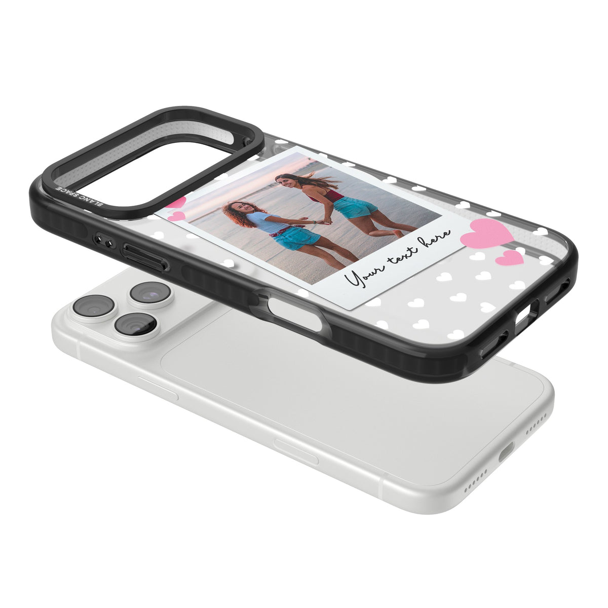 Personalised Hearts Instant Camera Photo iPhone 18 Pro Max Impact Pro Black Phone Case angled