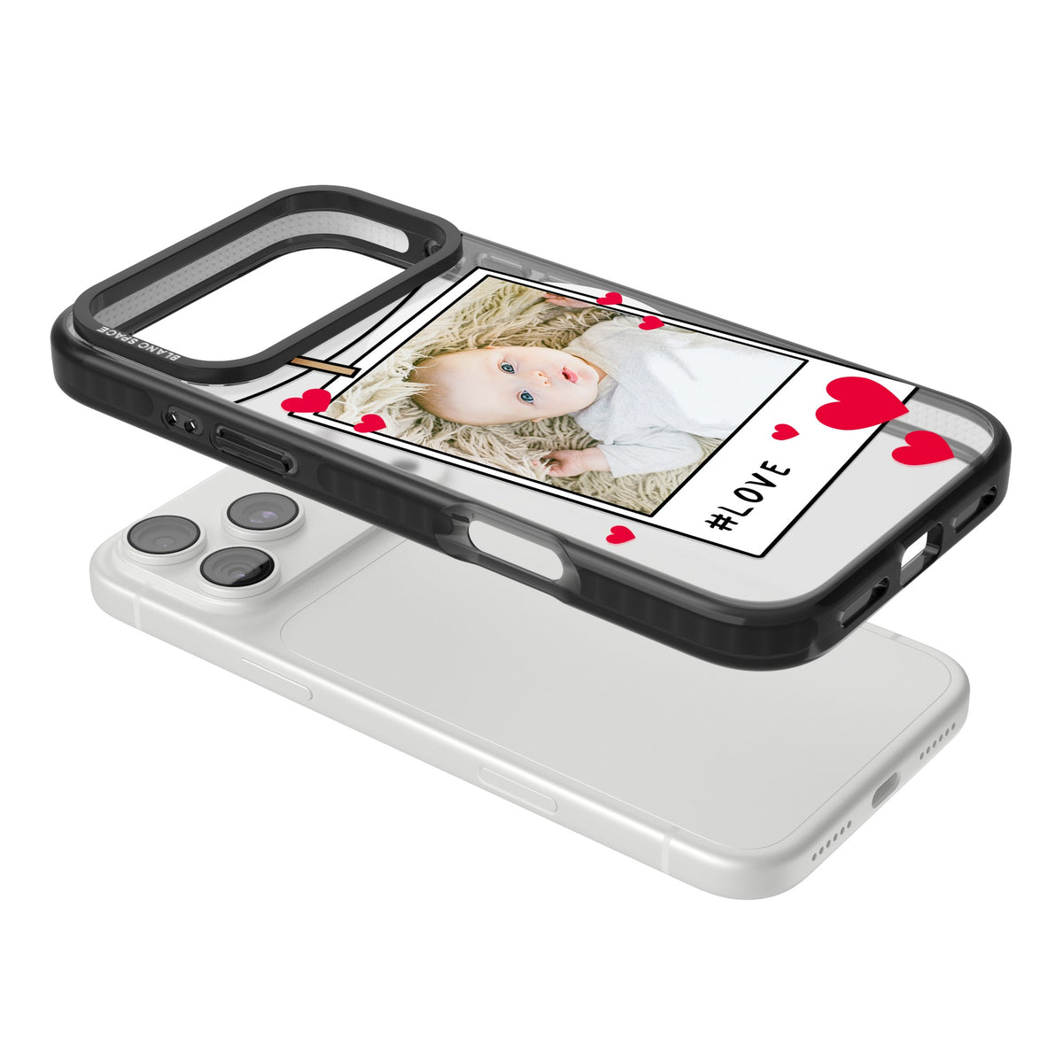 Personalised Paperclip & Hearts Polaroid iPhone 18 Pro Max Impact Pro Black Phone Case angled