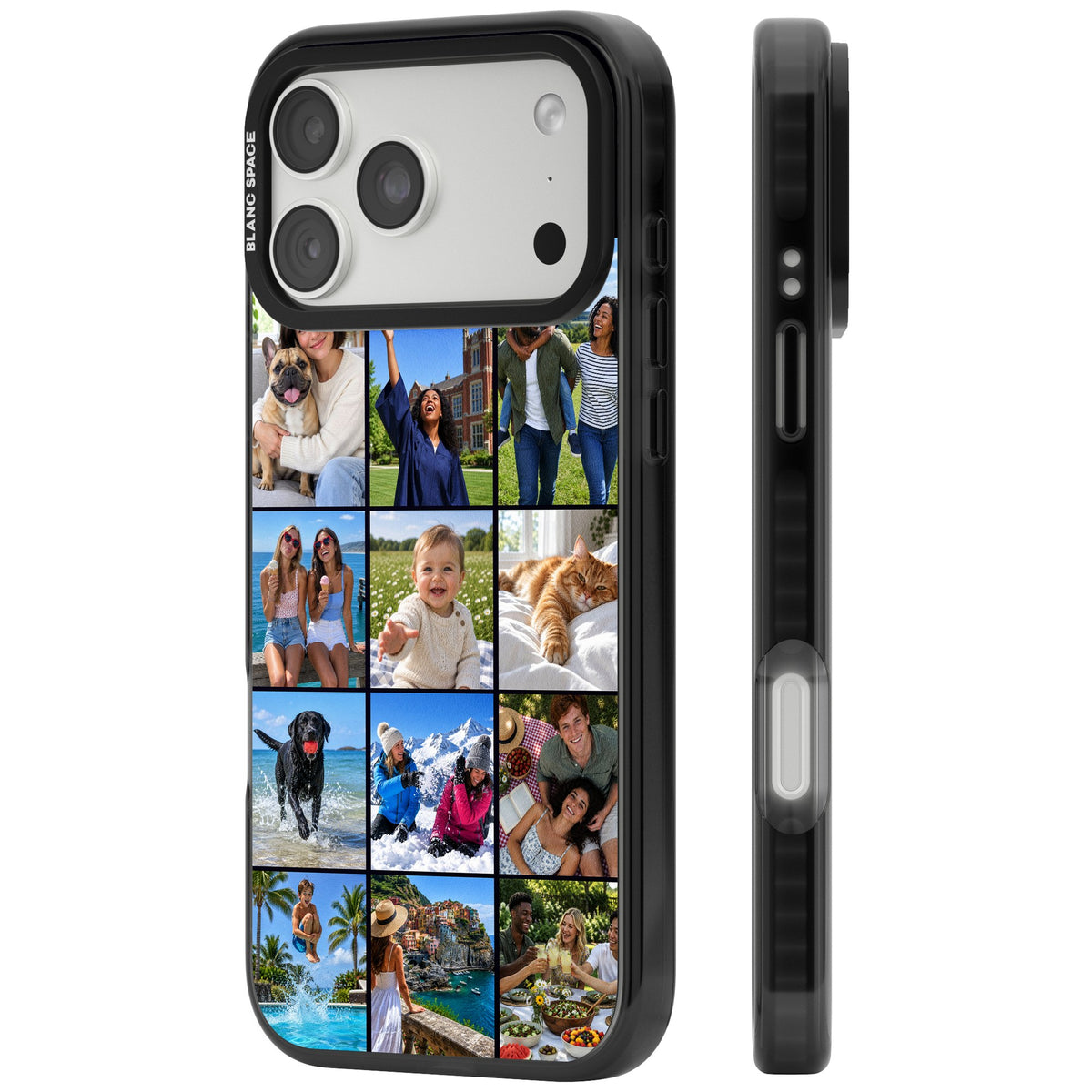 Personalised 12 Photo Grid custom iPhone case featuring a twelve-photo collage layout with slim dark borders iPhone 18 Pro Max Impact Pro Black Phone Case side
