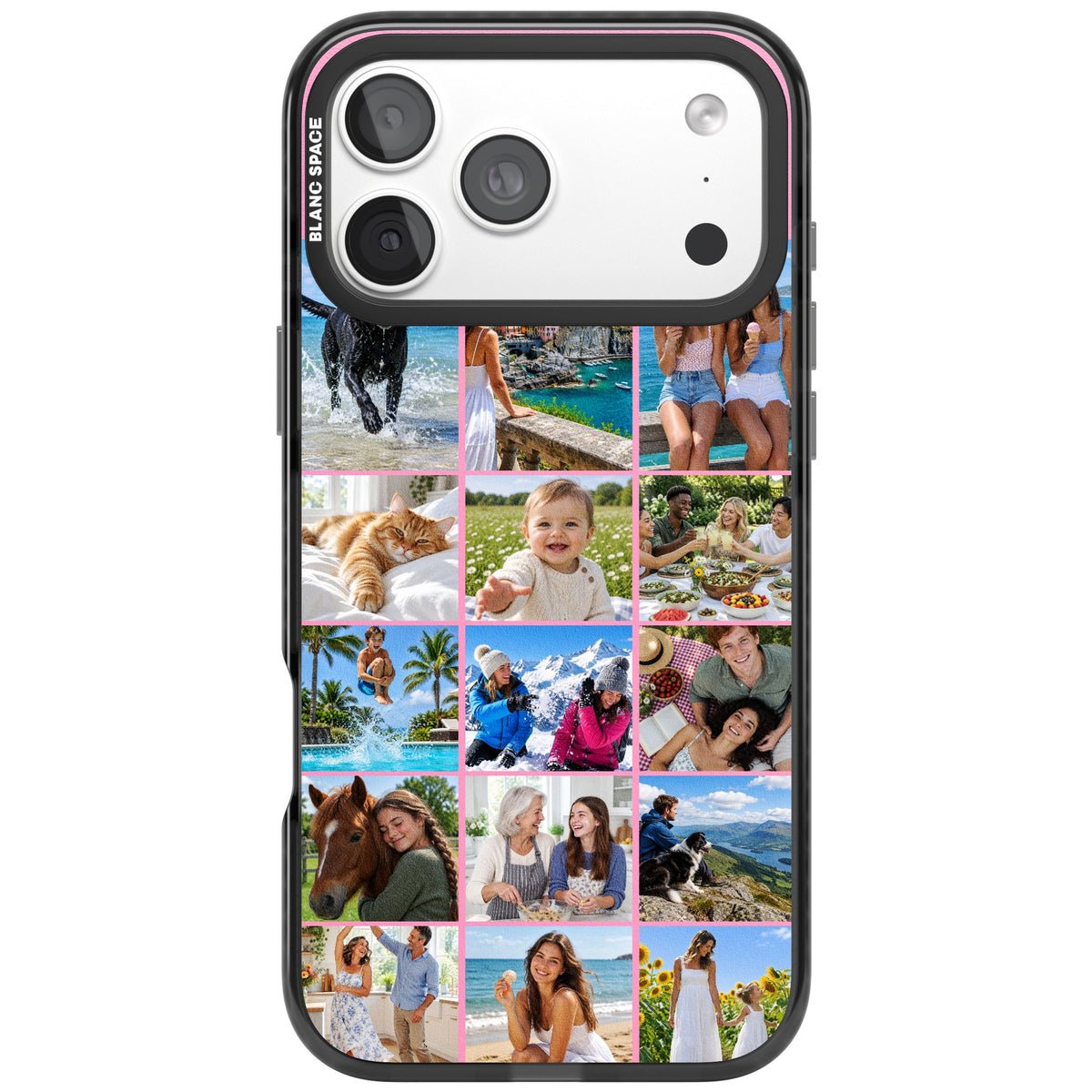 Personalised 15 Photo Grid custom iPhone case featuring a 15-photo collage layout with slim pink borders iPhone 18 Pro Max Impact Pro Black Phone Case front