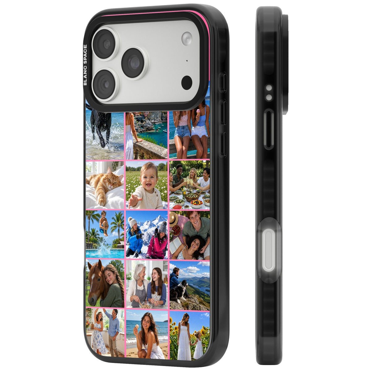 Personalised 15 Photo Grid custom iPhone case featuring a 15-photo collage layout with slim pink borders iPhone 18 Pro Max Impact Pro Black Phone Case side
