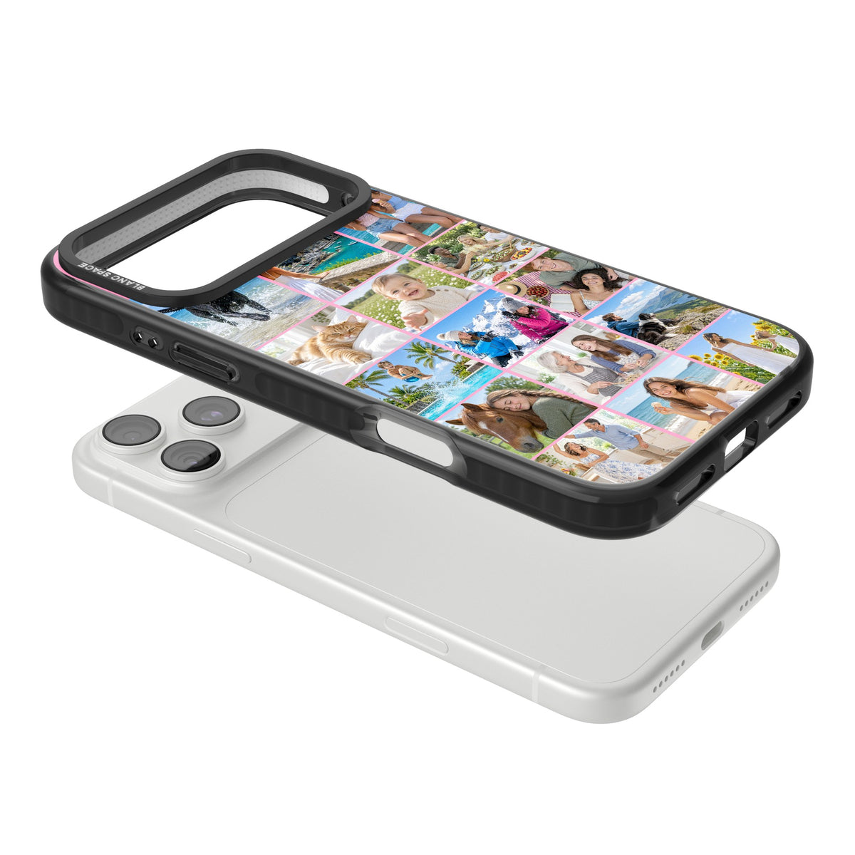 Personalised 15 Photo Grid custom iPhone case featuring a 15-photo collage layout with slim pink borders iPhone 18 Pro Max Impact Pro Black Phone Case angled