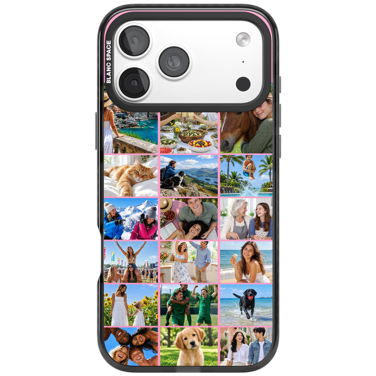 Personalised 18 Photo Squares custom iPhone case featuring an 18-photo collage grid with pink borders and clear edges iPhone 18 Pro Max Impact Pro Black Phone Case front