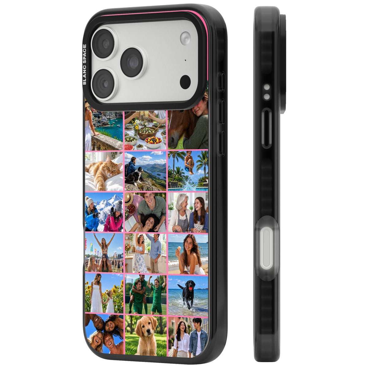 Personalised 18 Photo Squares custom iPhone case featuring an 18-photo collage grid with pink borders and clear edges iPhone 18 Pro Max Impact Pro Black Phone Case side
