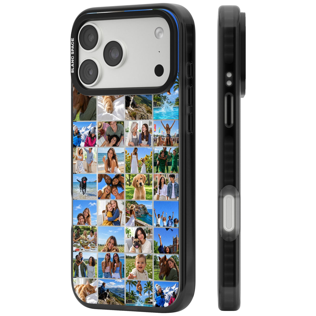 Personalised 32 Photo Squares custom iPhone case featuring a 32 square photo grid collage layout for your own pictures iPhone 18 Pro Max Impact Pro Black Phone Case side