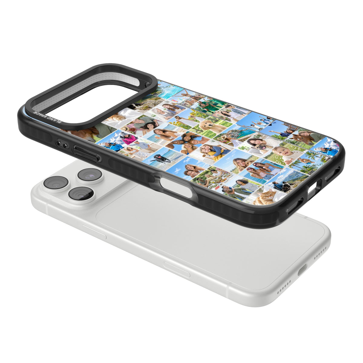 Personalised 32 Photo Squares custom iPhone case featuring a 32 square photo grid collage layout for your own pictures iPhone 18 Pro Max Impact Pro Black Phone Case angled