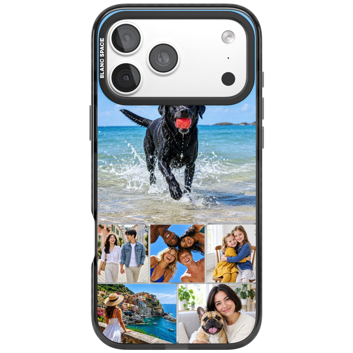Personalised Photo Mosaic custom iPhone case featuring a six-photo collage layout with one wide panel and clear edges iPhone 18 Pro Max Impact Pro Black Phone Case front
