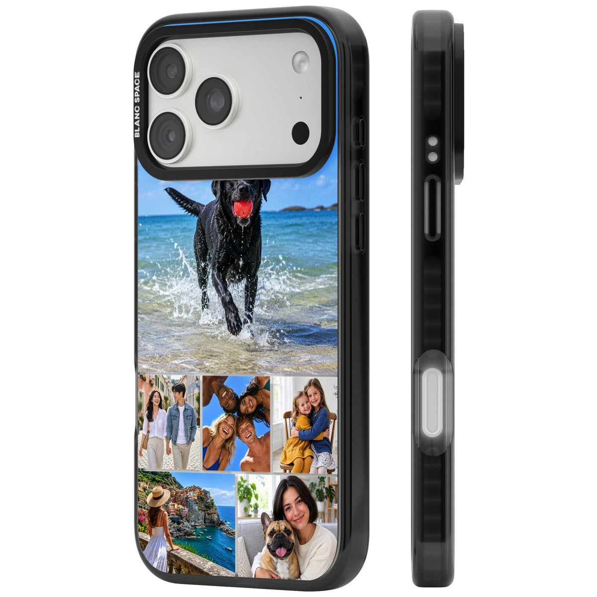 Personalised Photo Mosaic custom iPhone case featuring a six-photo collage layout with one wide panel and clear edges iPhone 18 Pro Max Impact Pro Black Phone Case side