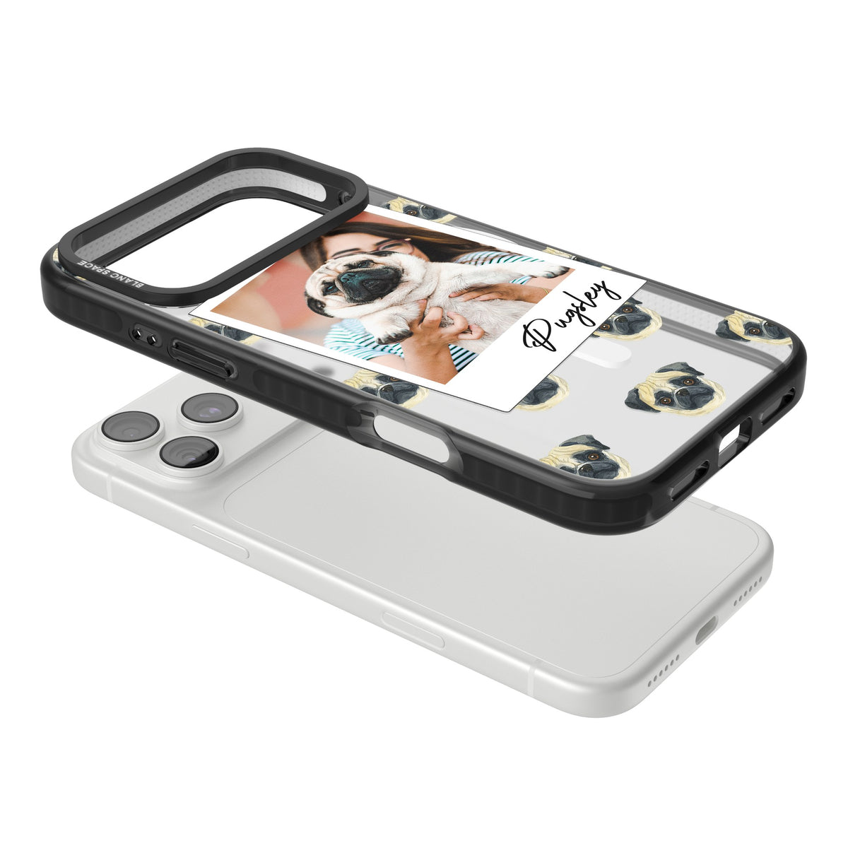 Personalised Pug Instant Camera Photo iPhone 18 Pro Max Impact Pro Black Phone Case angled