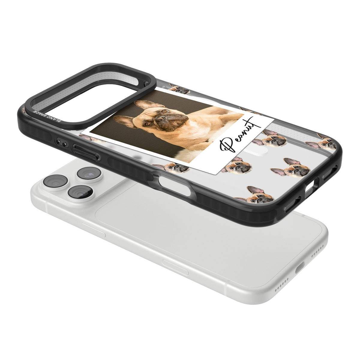 Personalised Tan French Bulldog Instant Camera Photo iPhone 18 Pro Max Impact Pro Black Phone Case angled
