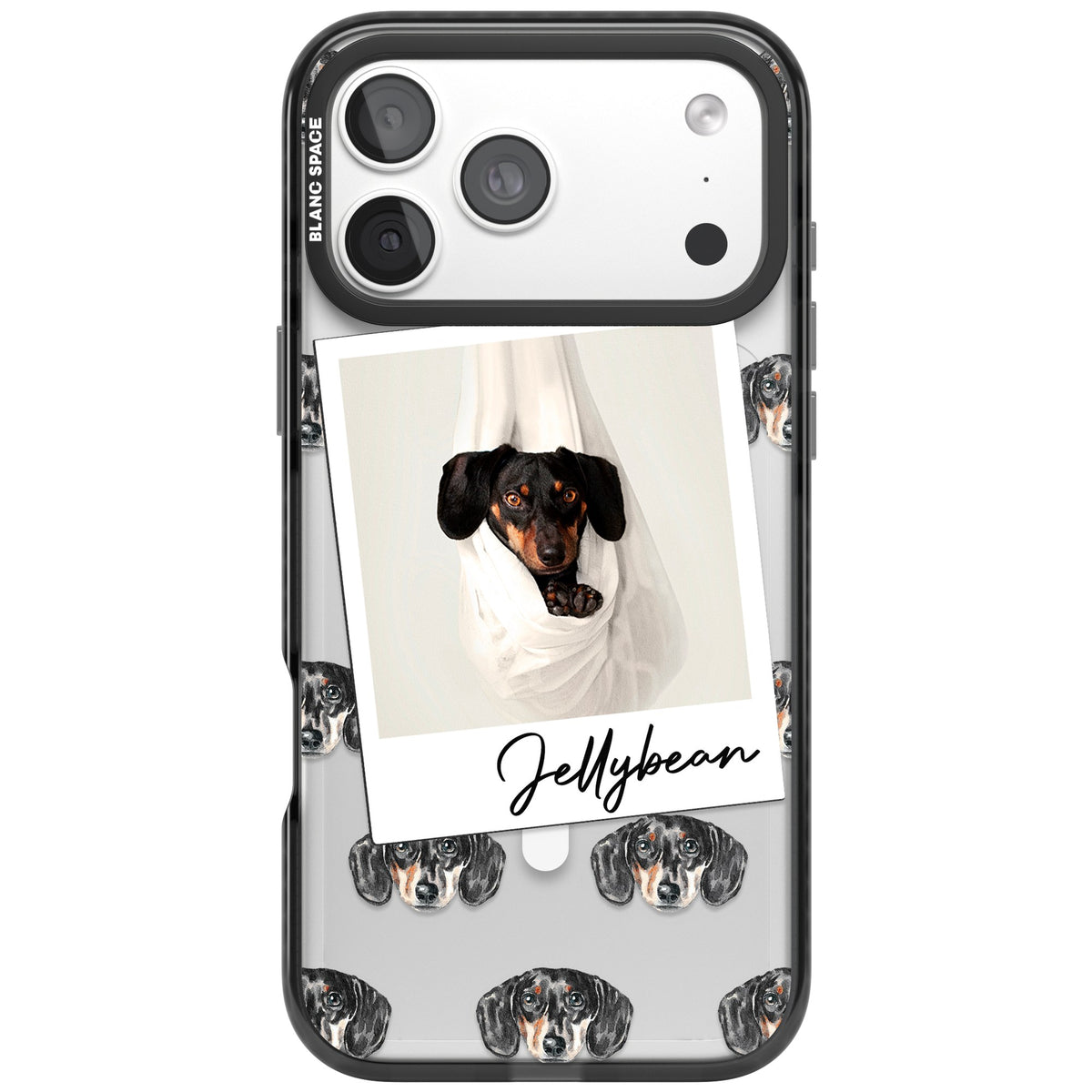 Personalised Black Dachshund Instant Camera Photo iPhone 18 Pro Max Impact Pro Black Phone Case front