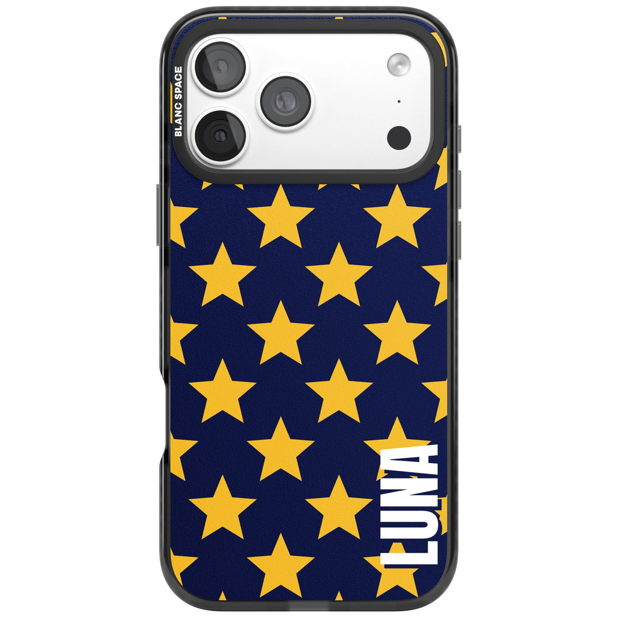 Personalised Starry Name celestial iPhone case featuring yellow stars on navy blue with a custom name iPhone 18 Pro Max Impact Pro Black Phone Case front