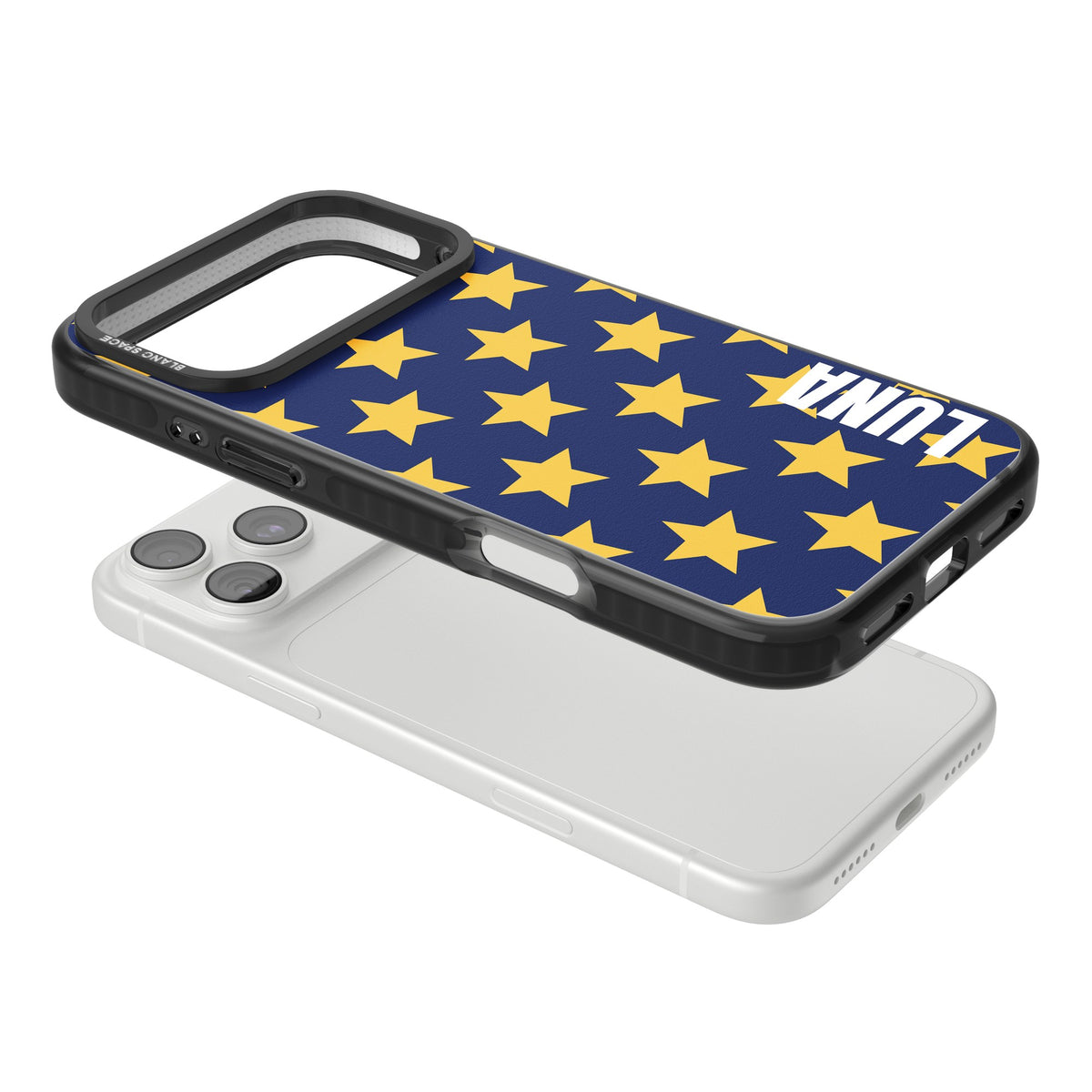Personalised Starry Name celestial iPhone case featuring yellow stars on navy blue with a custom name iPhone 18 Pro Max Impact Pro Black Phone Case angled