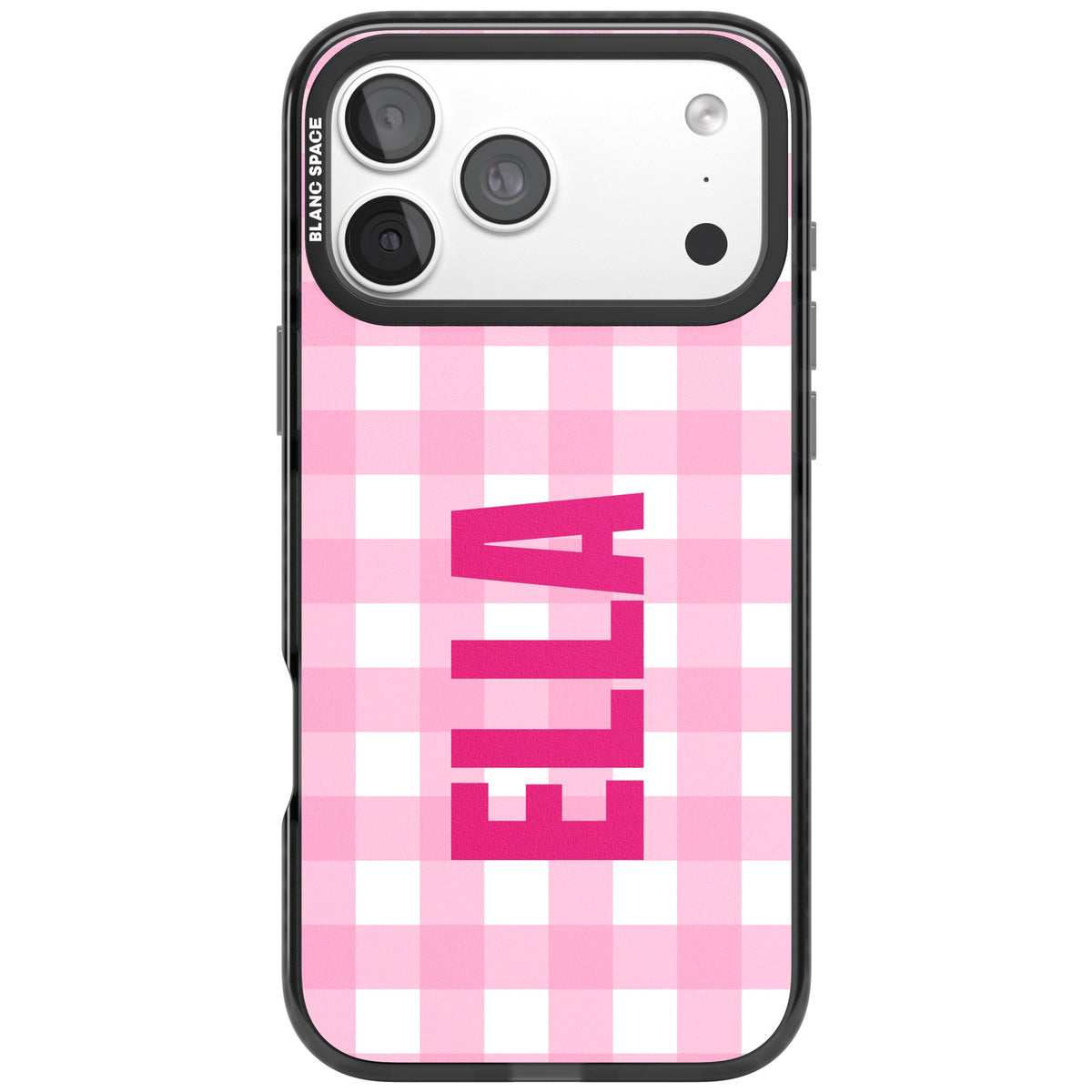 Personalised Gingham Name preppy iPhone case featuring a pink and white gingham check and a bold custom name iPhone 18 Pro Max Impact Pro Black Phone Case front