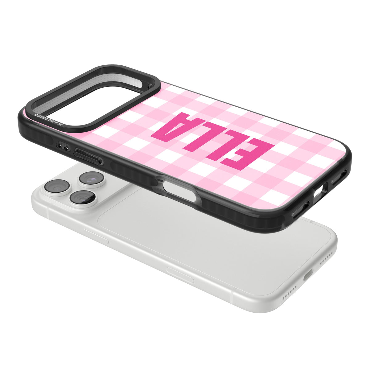 Personalised Gingham Name preppy iPhone case featuring a pink and white gingham check and a bold custom name iPhone 18 Pro Max Impact Pro Black Phone Case angled