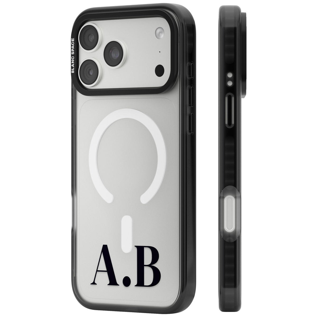 Personalised Serif Initials minimal iPhone case featuring custom monogram lettering in classic serif type on a clear case iPhone 18 Pro Max Impact Pro Black Phone Case side