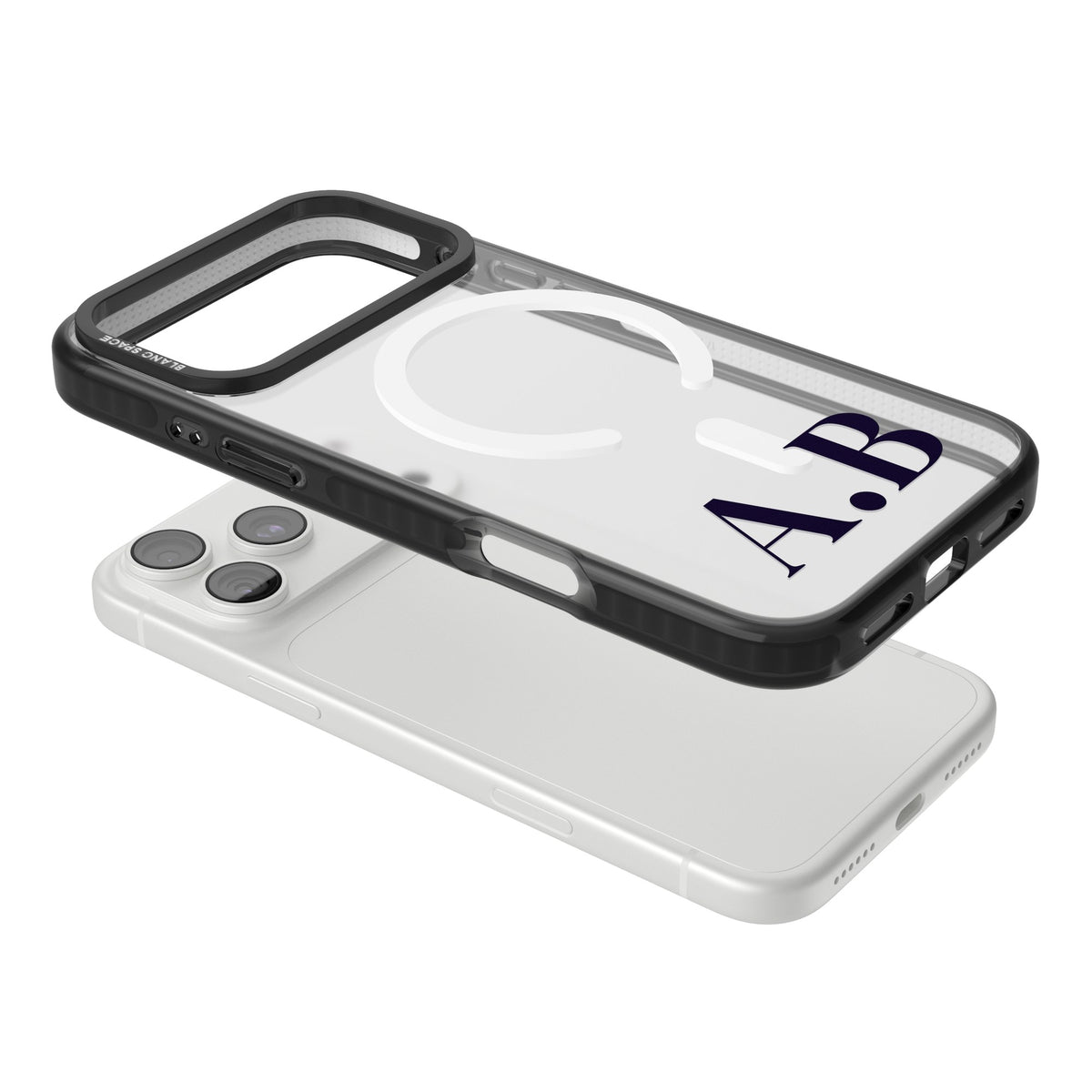 Personalised Serif Initials minimal iPhone case featuring custom monogram lettering in classic serif type on a clear case iPhone 18 Pro Max Impact Pro Black Phone Case angled
