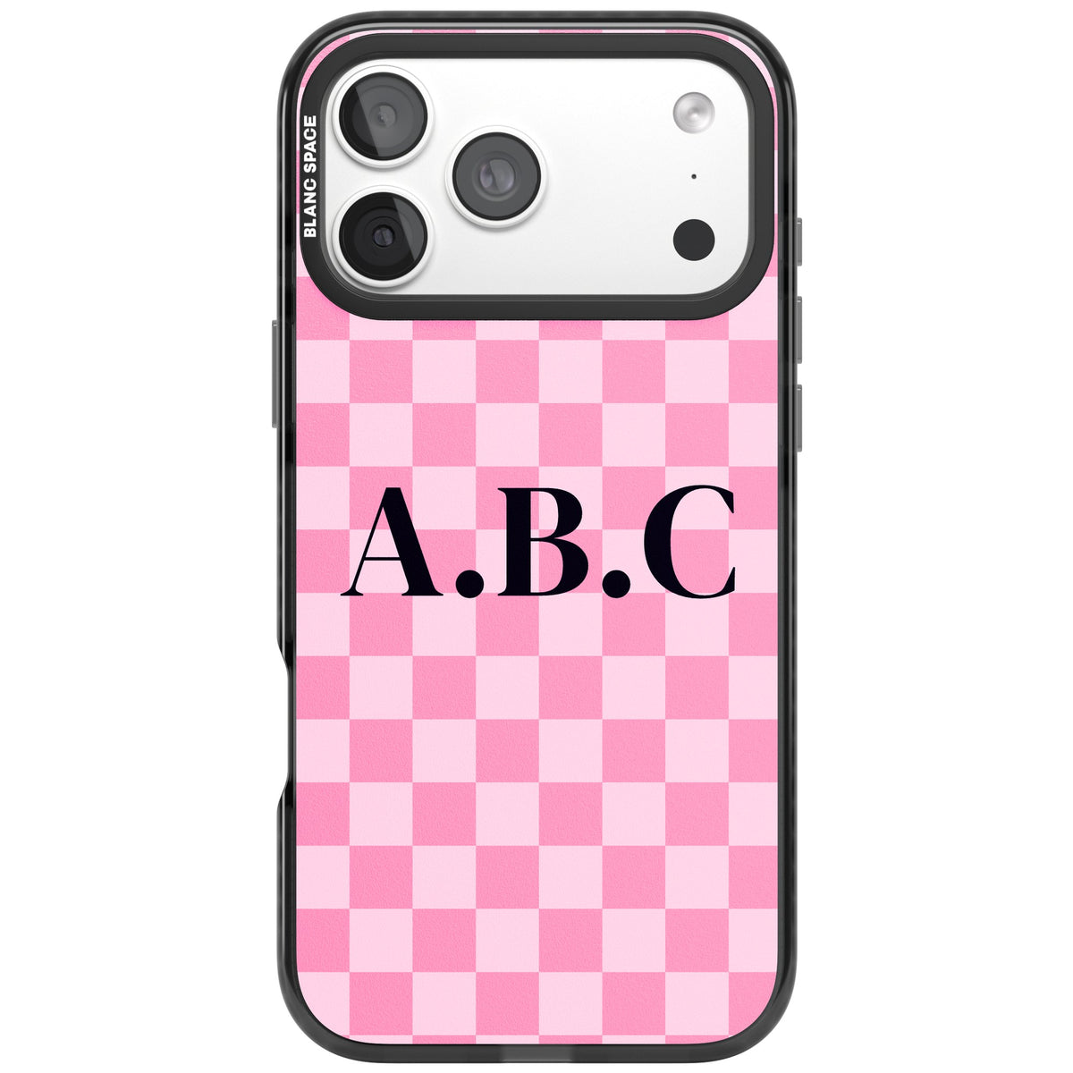 Personalised Checkerboard Initials preppy iPhone case featuring pink checkered squares and a custom monogram iPhone 18 Pro Max Impact Pro Black Phone Case front