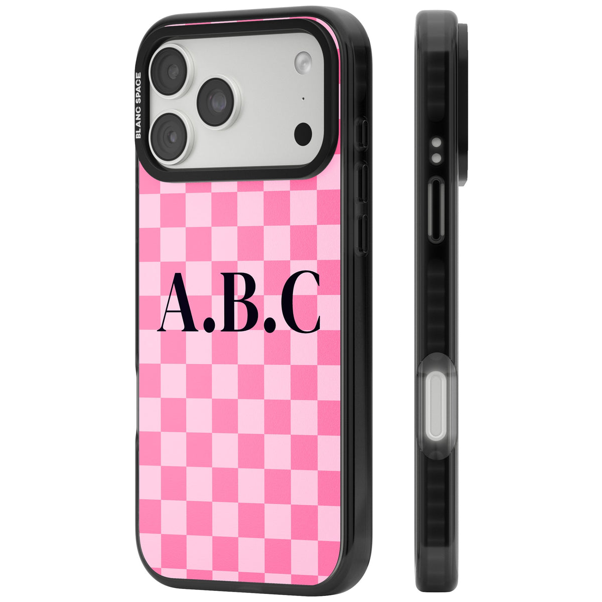 Personalised Checkerboard Initials preppy iPhone case featuring pink checkered squares and a custom monogram iPhone 18 Pro Max Impact Pro Black Phone Case side
