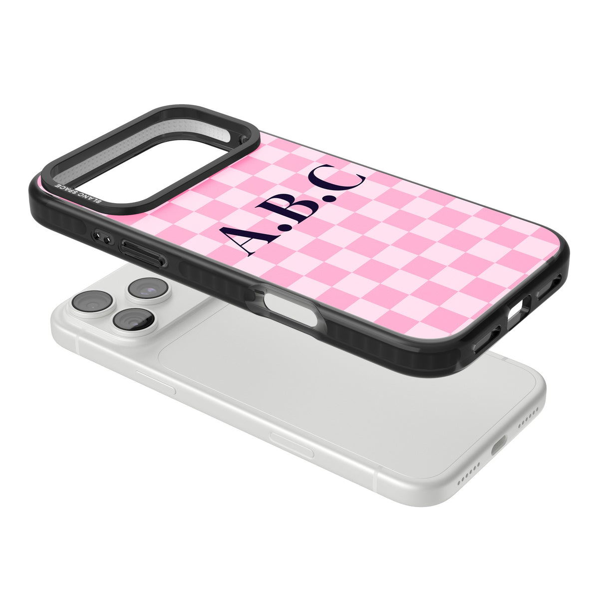 Personalised Checkerboard Initials preppy iPhone case featuring pink checkered squares and a custom monogram iPhone 18 Pro Max Impact Pro Black Phone Case angled