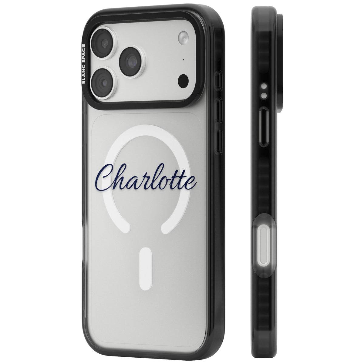 Personalised Script Name iPhone case featuring a custom name in flowing script lettering on a clear impact case iPhone 18 Pro Max Impact Pro Black Phone Case side