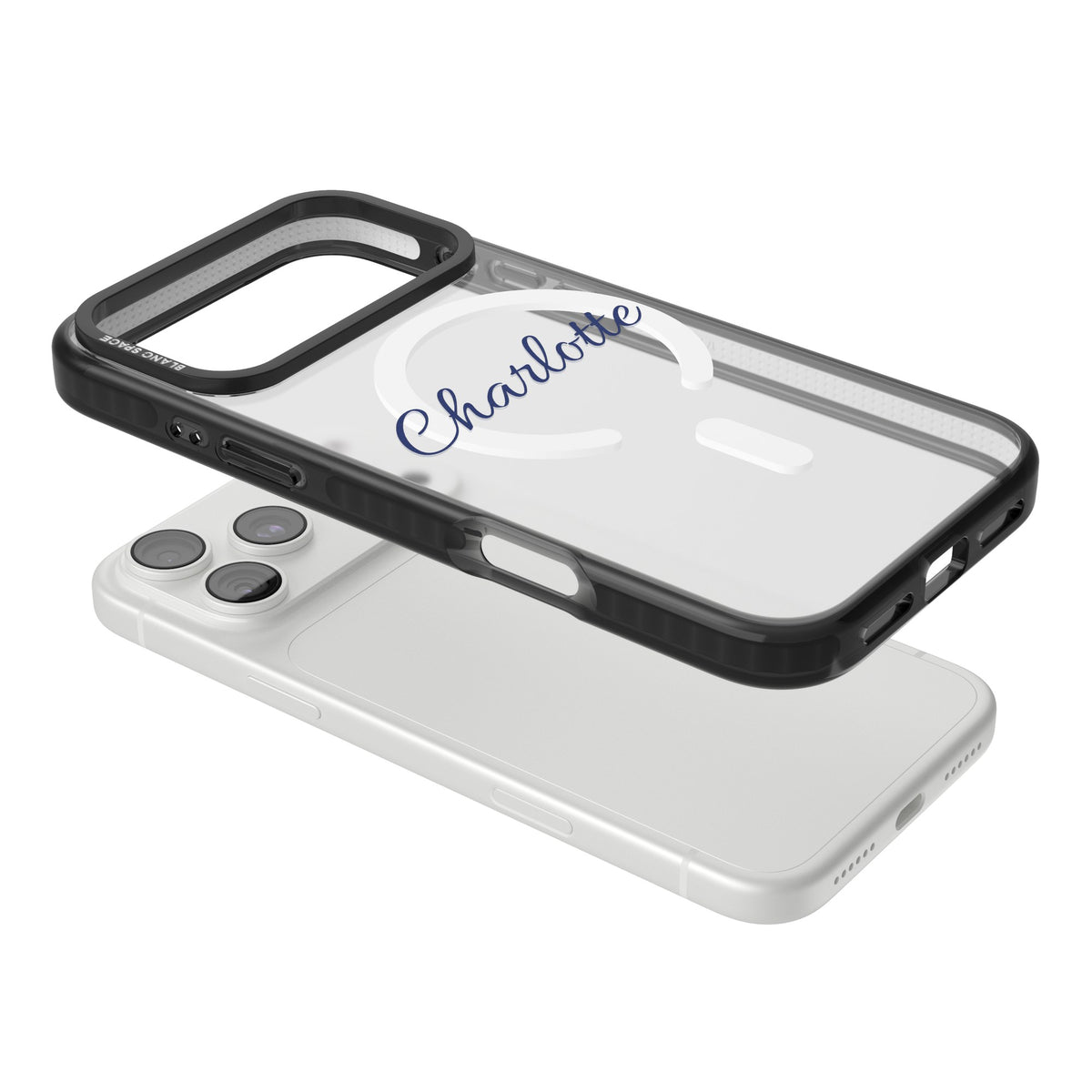 Personalised Script Name iPhone case featuring a custom name in flowing script lettering on a clear impact case iPhone 18 Pro Max Impact Pro Black Phone Case angled