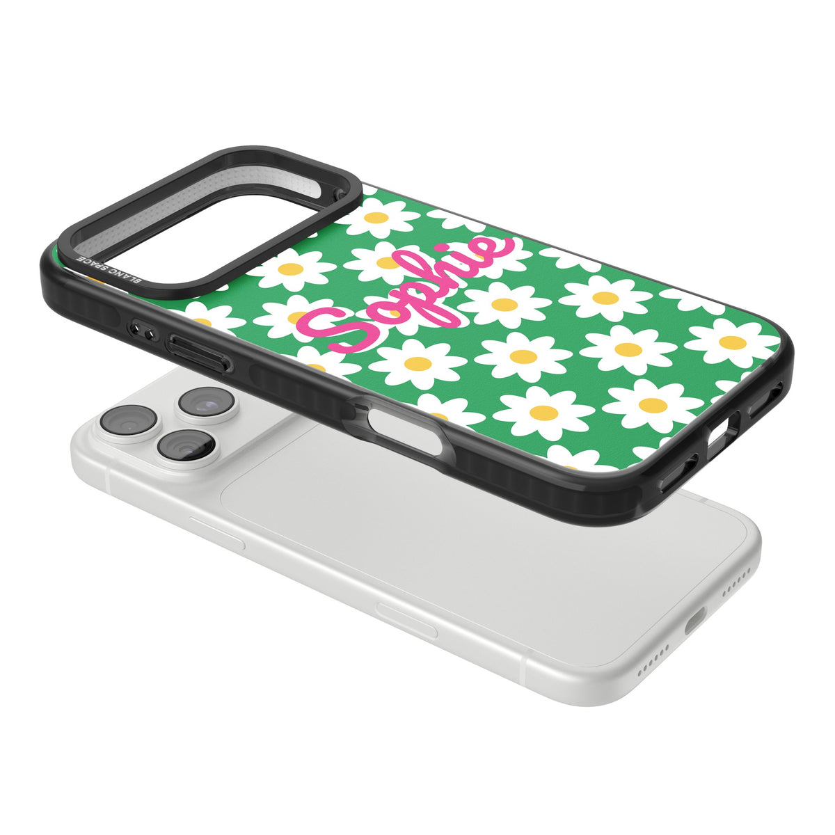 Personalised Daisy Script Name floral iPhone case featuring white daisies, a green background and a custom script name iPhone 18 Pro Max Impact Pro Black Phone Case angled