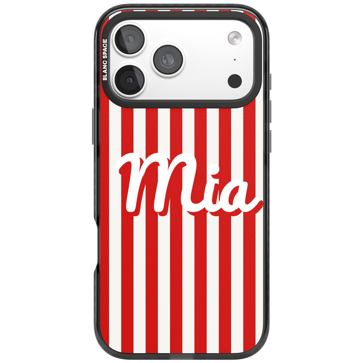 Personalised Retro Stripe Name custom iPhone case featuring red and white stripes and a personalised script name iPhone 18 Pro Max Impact Pro Black Phone Case front