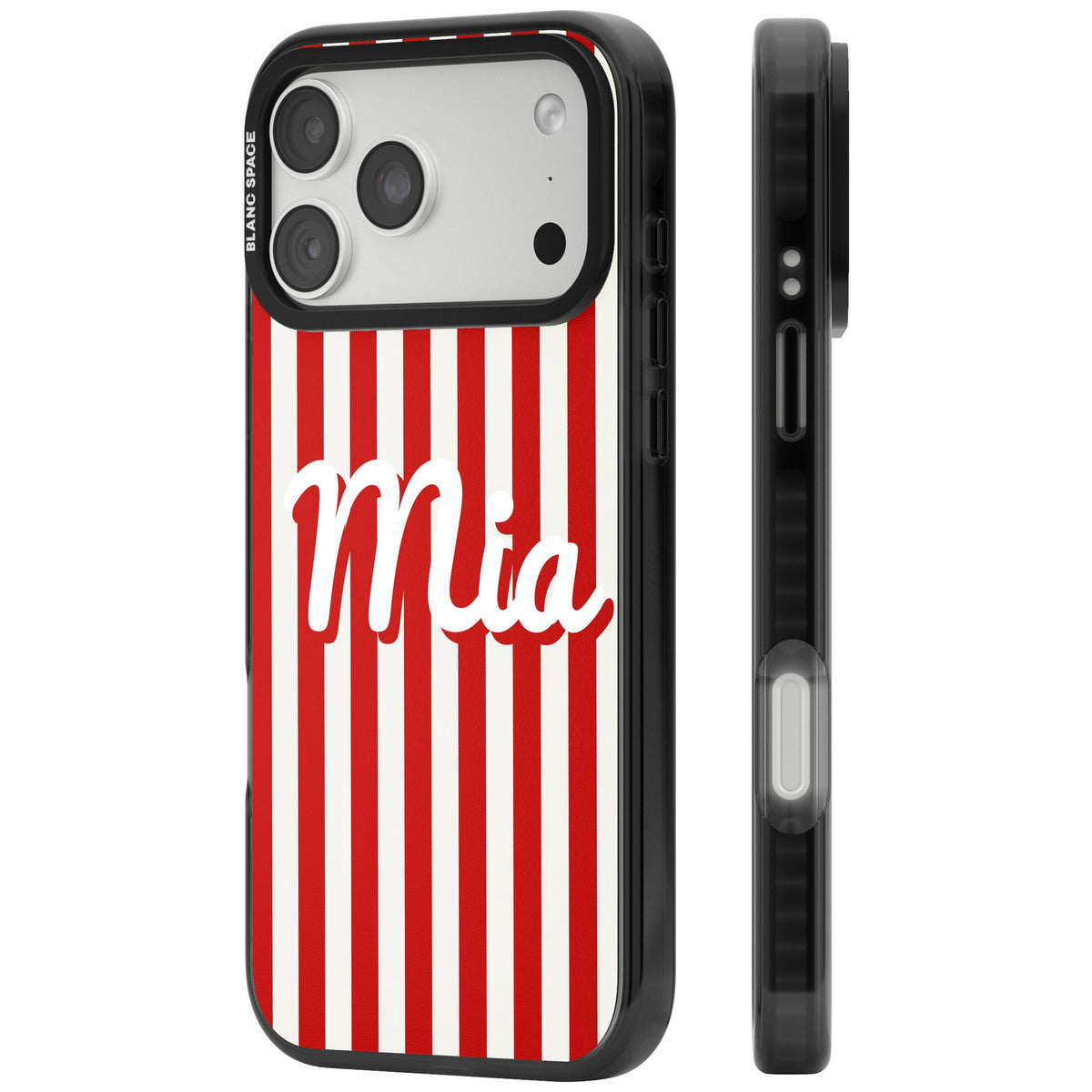 Personalised Retro Stripe Name custom iPhone case featuring red and white stripes and a personalised script name iPhone 18 Pro Max Impact Pro Black Phone Case side