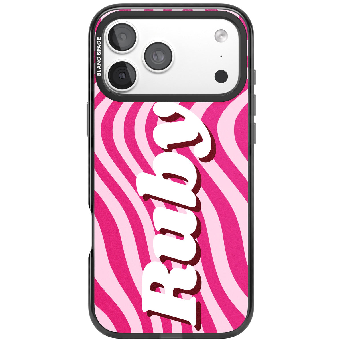 Personalised Groovy Name retro iPhone case featuring wavy pink stripes and bold custom name lettering with shadow iPhone 18 Pro Max Impact Pro Black Phone Case front