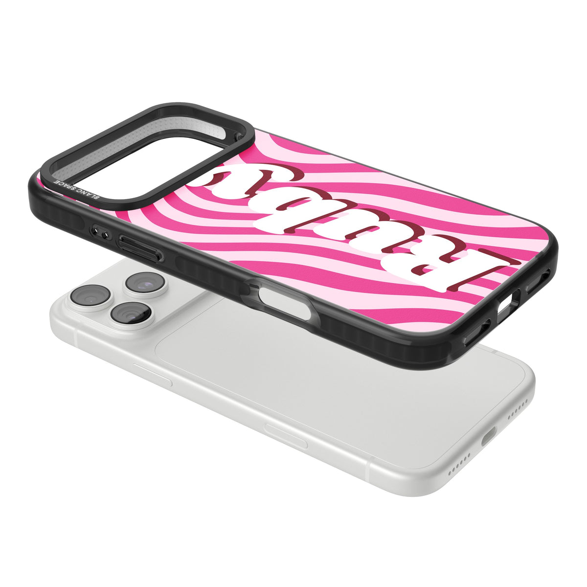 Personalised Groovy Name retro iPhone case featuring wavy pink stripes and bold custom name lettering with shadow iPhone 18 Pro Max Impact Pro Black Phone Case angled