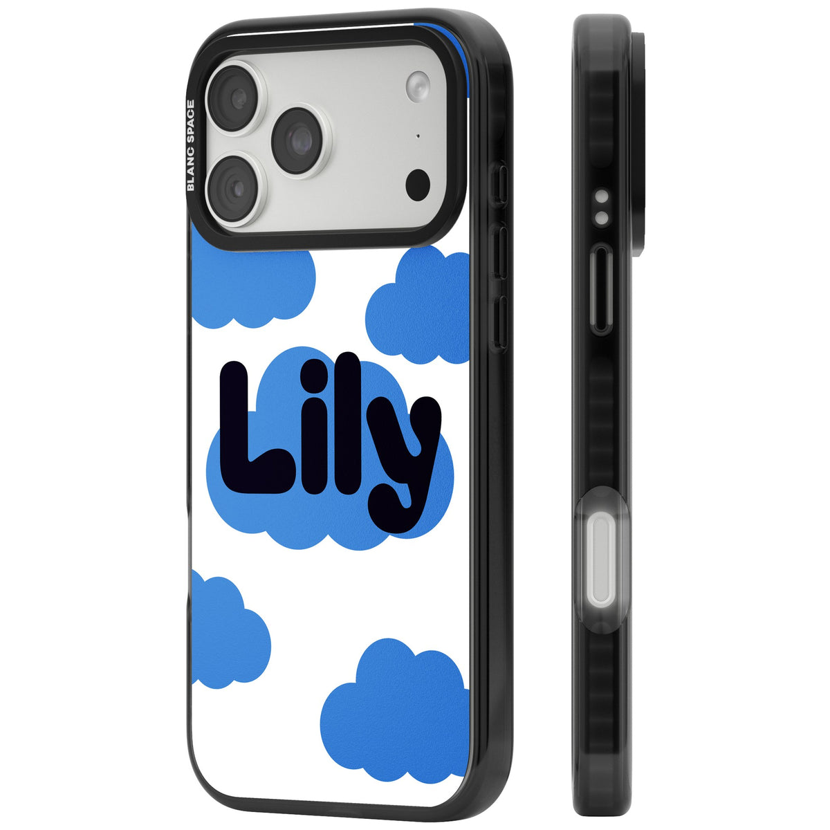 Personalised Bubble Name kawaii iPhone case featuring custom bubble lettering on a blue cloud with fluffy sky clouds iPhone 18 Pro Max Impact Pro Black Phone Case side